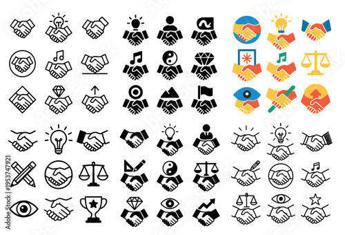 Business icons with handshake light bulb scale flat