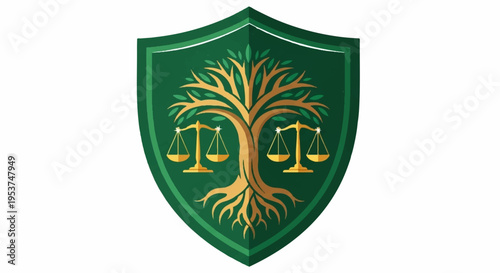Green shield emblem with golden tree and balance scales symbolizing justice and harmony in nature eco friendly and sustainable concept