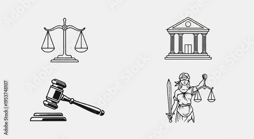 Justice system symbols including scales courthouse gavel and blinded lady justice with sword