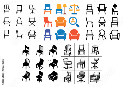 Furniture icons with chair armchair stool minimal