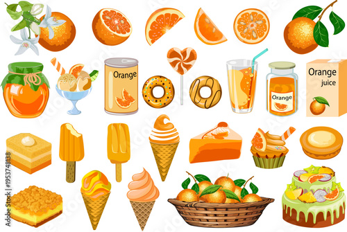 A large selection of orange products.Colored vector set of confectionery, juice and canned products made from ripe oranges.