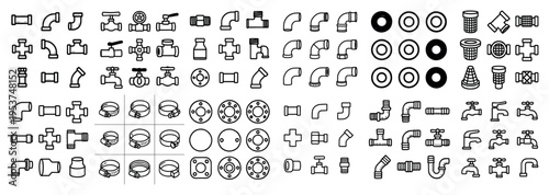 Plumbing icons with pipe valve fitting outline