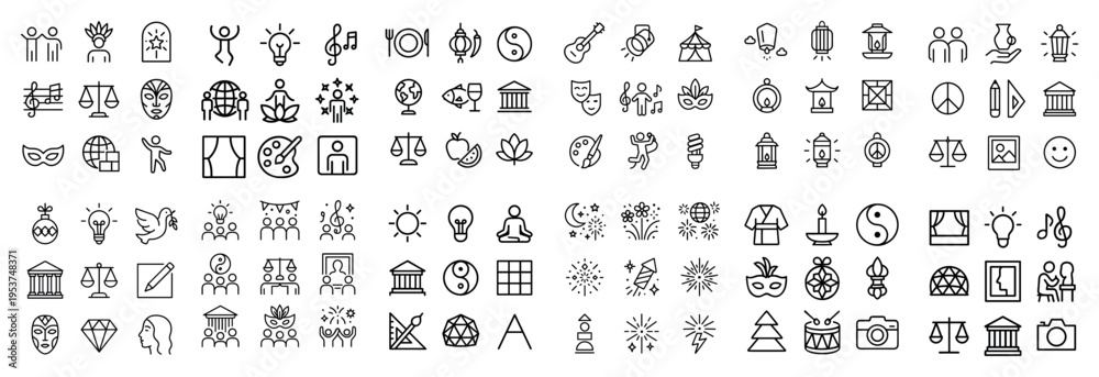 Fototapeta premium Wellness icons with lotus candle temple outline