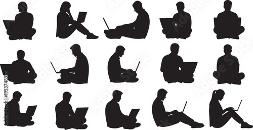 Silhouettes of people working on laptops sitting down