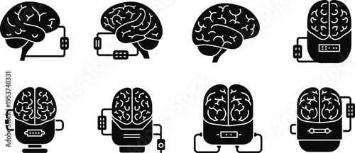 Silhouette bundle icons of brain and robot heads with various designs