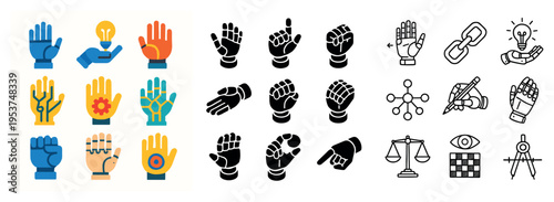 Hand icons with fist pointer robotic flat