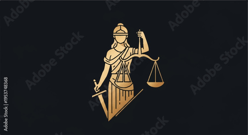 Justitia goddess of justice holding scales and sword on black background symbolizing law and order