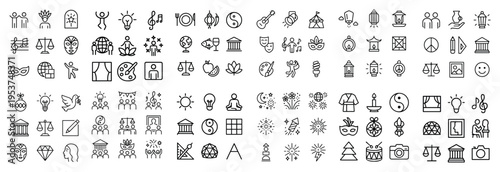 Wellness icons with lotus candle temple outline