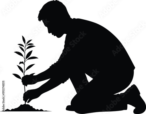 Silhouette of a man kneeling and planting a young tree sapling representing environmental conservation sustainability growth hope and nature protection.