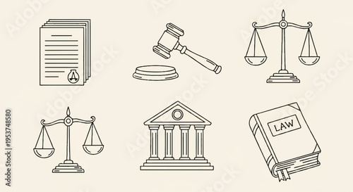 Law and justice symbols including gavel scales law book and courthouse on beige background