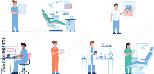 A collection of illustrated dental professionals performing various clinical and laboratory tasks Vector