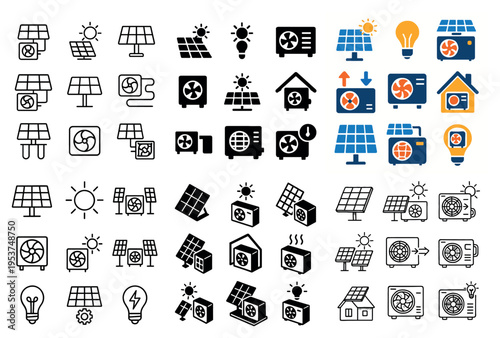 Solar icons with panel inverter and sun flat