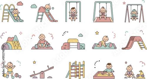Cute Kids Playground Activities Vector Set Featuring Slides Swings Sandbox Climbing Frames Seesaw and Play Equipment Illustrations for Child Development Design.