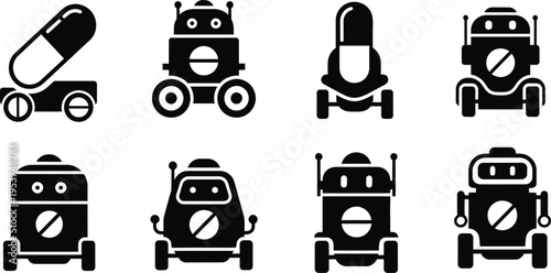 Silhouette bundle icons of robots and spacecrafts in black color