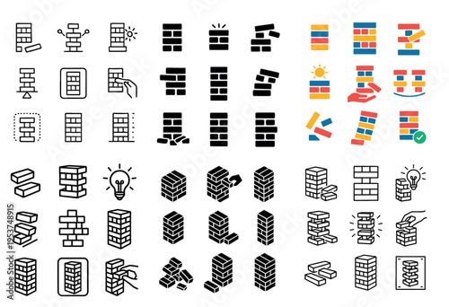 Construction icons with block brick tower minimal