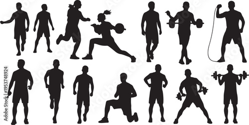 Silhouettes of people exercising and playing sports together