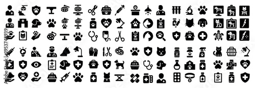 Pet care icons with paw dog cat solid