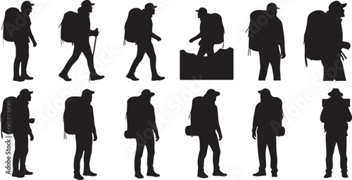 Silhouettes of travelers in various walking poses abroad