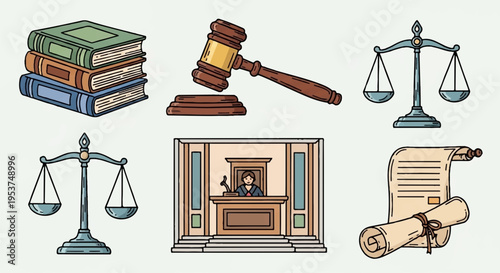 Justice and law concept with gavel scales books and courtroom elements on beige background