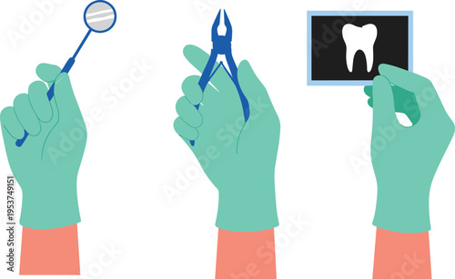 Three illustrations of gloved hands holding essential dental tools and a tooth x-ray diagnostic Vector
