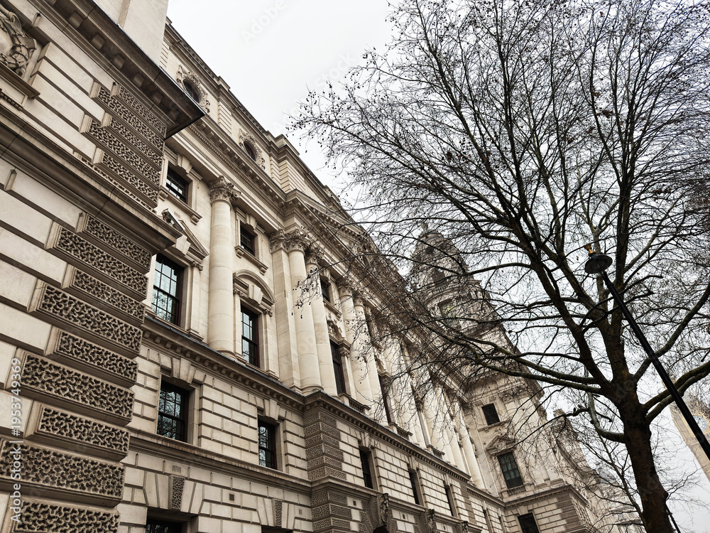 Obraz premium Historic classical architecture of a grand government building in London, UK with bare winter trees