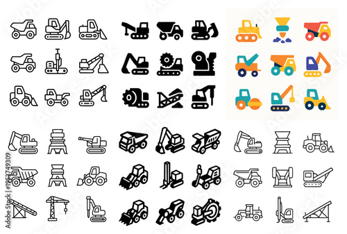 Construction icons with excavator dump truck colorful