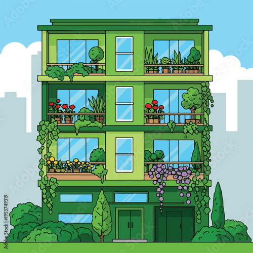 Cartoon green apartment building, featuring balconies of plants and flowers