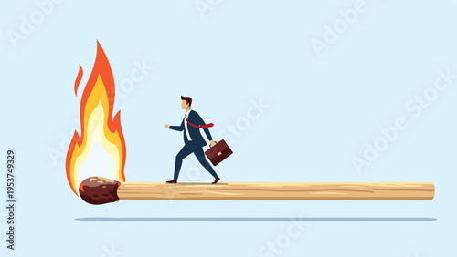 Professional businessman walks carefully along a giant horizontal matchstick that is burning at its front end in a risky move.
