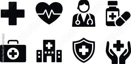Health recovery icon set, bold filled medical icons including cross heart pulse doctor figure medicine bottle first aid kit and hospital for healthcare and wellness graphics.
