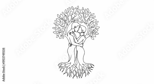Tree with intertwined roots and branches symbolizing unity and harmony with nature