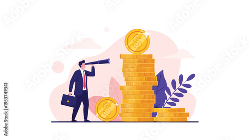 Businessman in a suit uses a telescope to gaze at a tall stack of golden coins symbolizing long term financial vision.