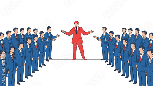 Leader dressed in red stands confidently between two large groups of professional businessmen in matching blue suits.