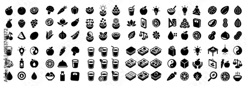 Food icons with fruit cup bottle flat minimal