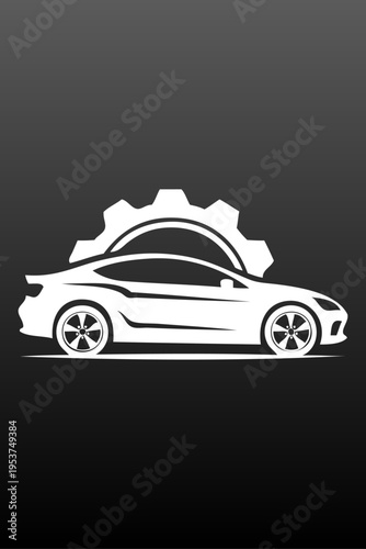 Logo taller mecánico. Dibujo con silueta de coche de lujo con engranaje blanco en fondo oscuro 
