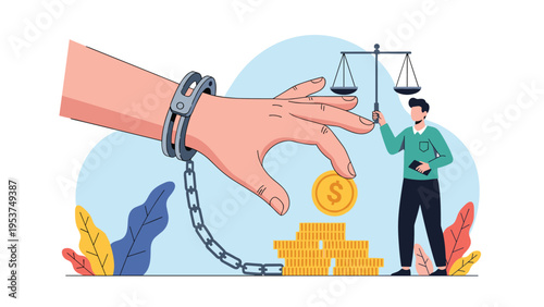 Large hand in handcuffs reaches for golden coins while a professional person holds the scales of justice nearby.