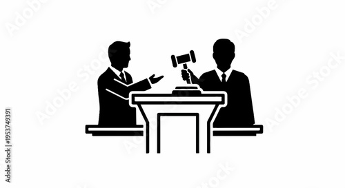 Two businessmen in suits sitting at a table with a gavel and book discussing law and business
