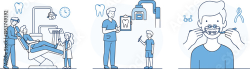 A set of three flat vector illustrations showing dental procedures and professional oral care Vector
