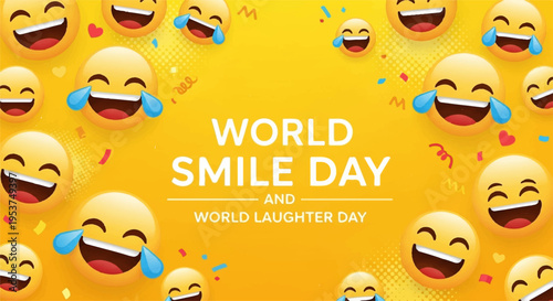 World smile day and world laughter day celebration with laughing emojis on yellow background