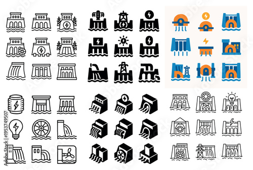 Hydro energy icons with dam turbine spillway outline