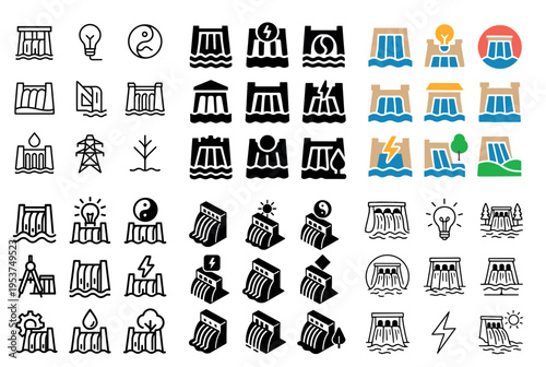 Energy icons with dam and light bulb flat