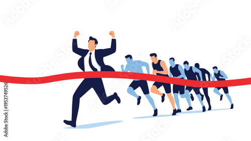 Determined businessman crossing the finish line first in a marathon race against competitors representing business success and victory.