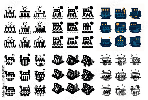 Hydroelectric icons with dam water tower filled