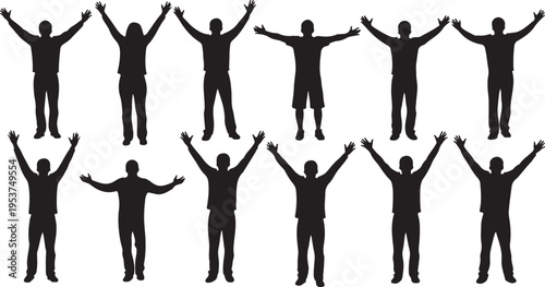 Silhouettes of people with arms raised in celebration