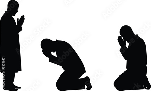 Silhouette of a man praying in standing kneeling and sitting positions representing spiritual devotion faith meditation worship and religious prayer.