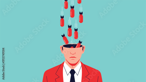 Conceptual illustration of a man with an open head being bombarded by red bombs representing mental stress, anxiety, and work overload.