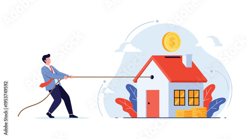 Businessman using a rope to pull a house toward him with a gold coin symbol representing real estate investment and home ownership goals.