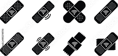 Silhouette bundle icons of band aids with wifi symbols for medical and technology concepts