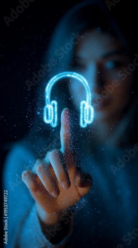 Young Woman Touching Glowing Digital Headphones Icon Representing Music Streaming and Online Audio Services
