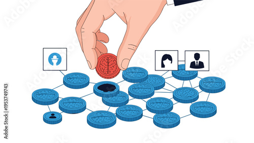 Large hand selecting a red brain-patterned chip from a network of blue chips representing talent scouting, unique ideas, and selection.
