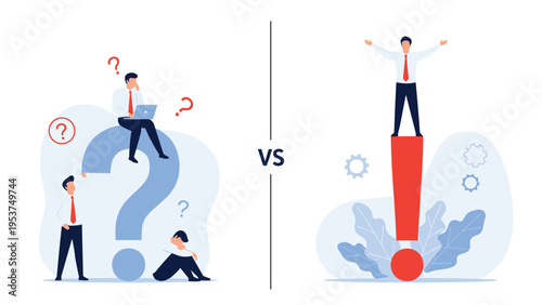 Comparison between businessmen dealing with uncertainty at a question mark and a successful leader standing on a red exclamation mark.